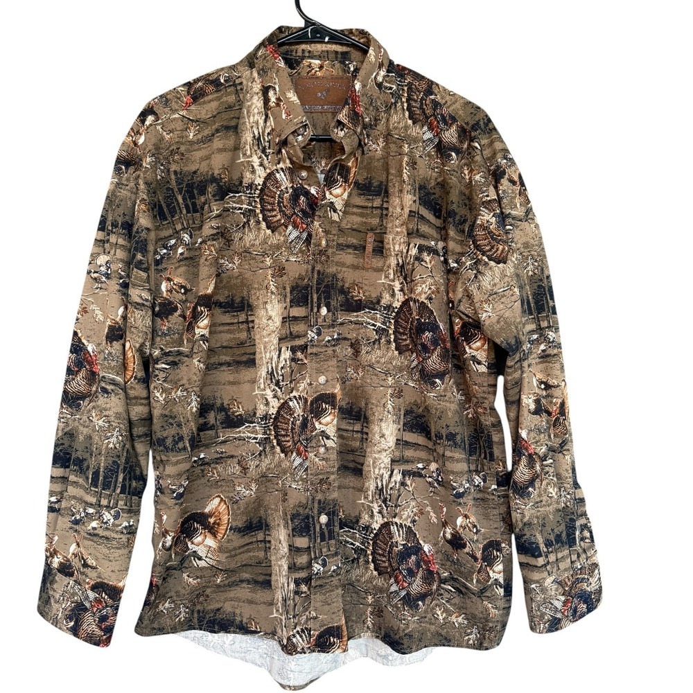 North River Shirt Mens Medium Brown Turkey Wildlife Hunting Button Up Cotton